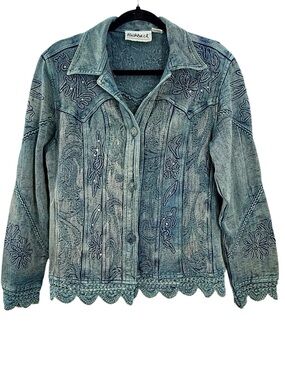Vintage Y2K Flashback Embroidered Denim Jacket Lace Trim Petite Boho Western